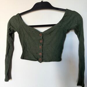Fashion Nova Olive Green Ribbed Button Front Long Sleeve Crop Top